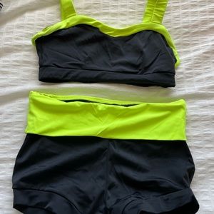 Black and neon yellow dance bra and shorts set